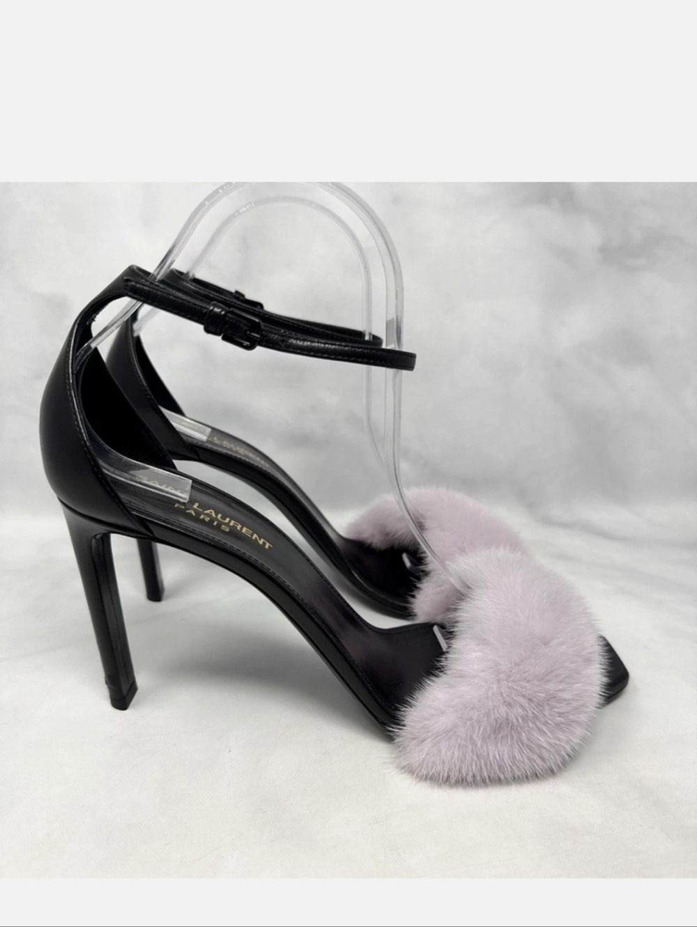Saint Laurent Black Heels with Lilac Fur Strap - Picture 4 of 5